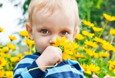 Мальчик нюхает цветок